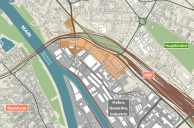 Betrachtungsbereich zwischen Bahnanlagen und Gewerbe-/Hafbereich (orange Fläche)