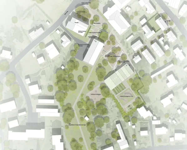 Bischofsgrün_1.Preis – Lageplan (<abbr>KO</abbr>/<abbr>OK</abbr> Architektur | Impuls° Landschaftsarchitekten)