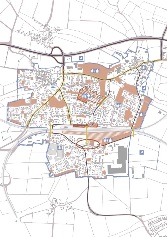 Rahmenplan | städtebauliche Entwicklungsschwerpunkte (rot schraffiert) | Potenzialflächen (rosa) | Straßenumgestaltung (gelb) StadtRadTour | Beteiligungsformat auf dem Fahrrad