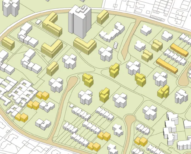 Frankfurt/Rhein-Main: Der Siedlungstyp des Massenwohnungsbaus bietet in den Abstandsflächen immer noch genug Platz, um das Quartier im Bestand zu bebauen.