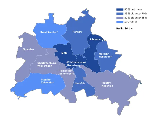 Klimaneutrales Berlin 2050: Sozialverträglicher Klimaschutz setzt Stadtkenntnis voraus: Anteil der Mietwohnungen am Wohnungsbestand in den Berliner Bezirken 2009